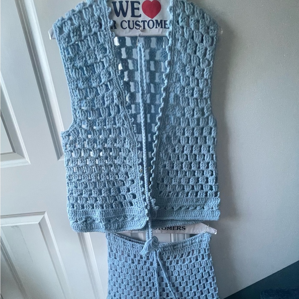 Handmade crocheted lined skirt/vest set, light blue